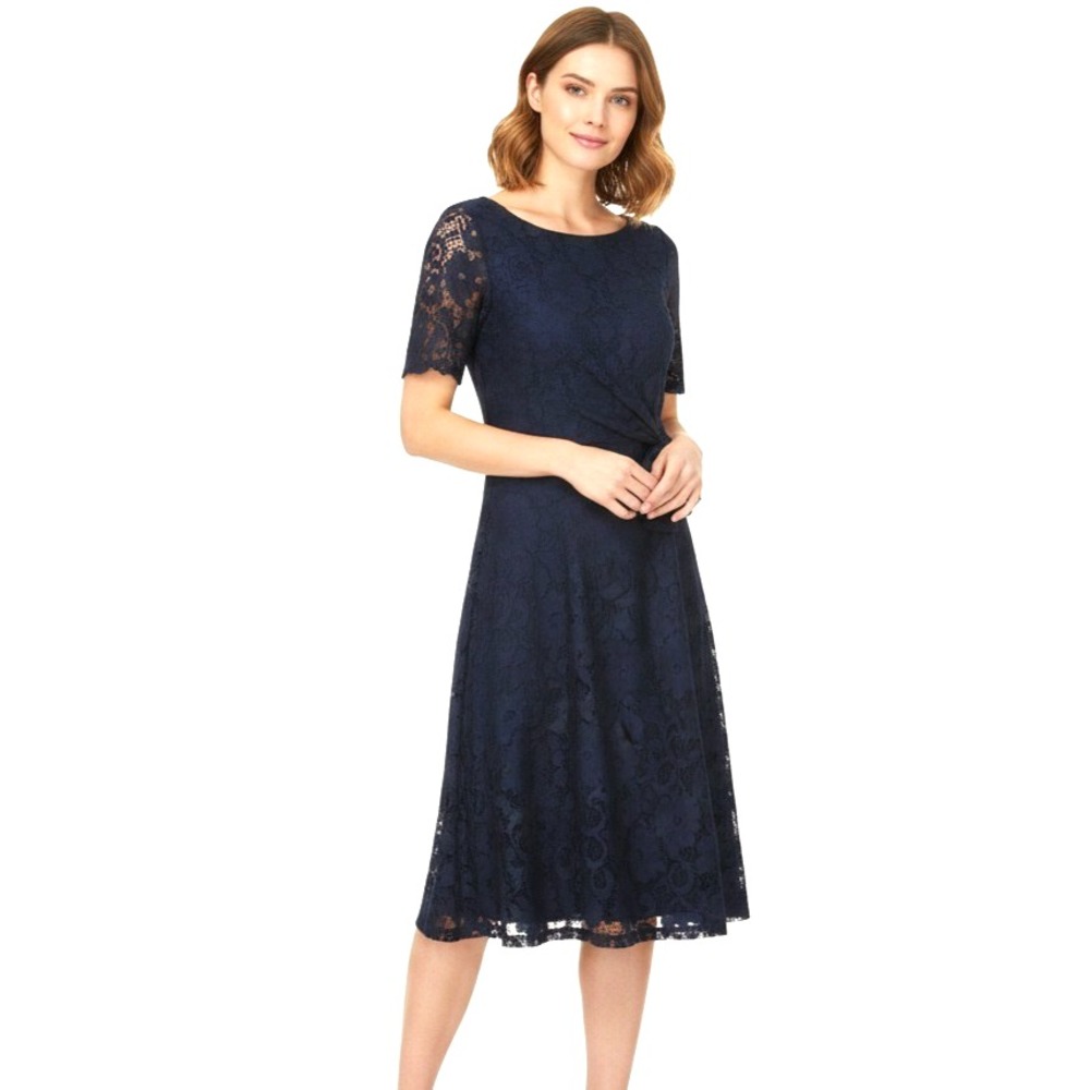 JACKIE JON Blue/Nude SEQUIN LACE OVERLAY Zip COCKTAIL Tie Belt SHEATH DRESS Sz 6